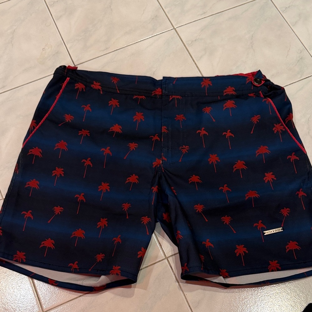 Parke & Ronen Dark Blue and Red Palm Swim Shorts